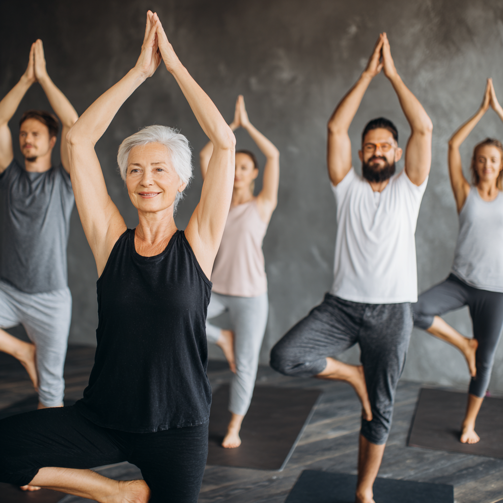 Группа людей казахской национальности разного возраста выполняет позы йоги на открытом воздухе с улыбками, демонстрируя радость от занятий