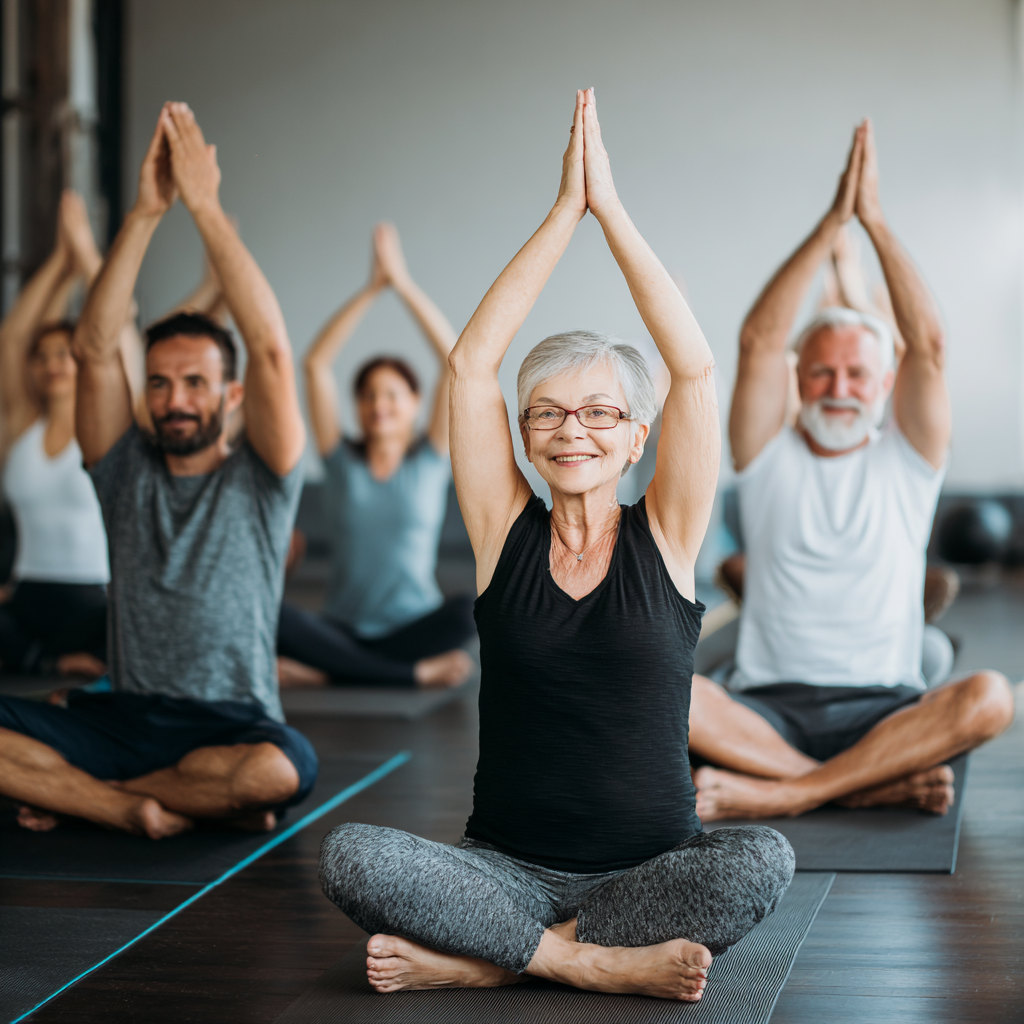 Инструктор казахской национальности демонстрирует позу йоги в светлой студии, окруженная учениками различных возрастов, все улыбаются