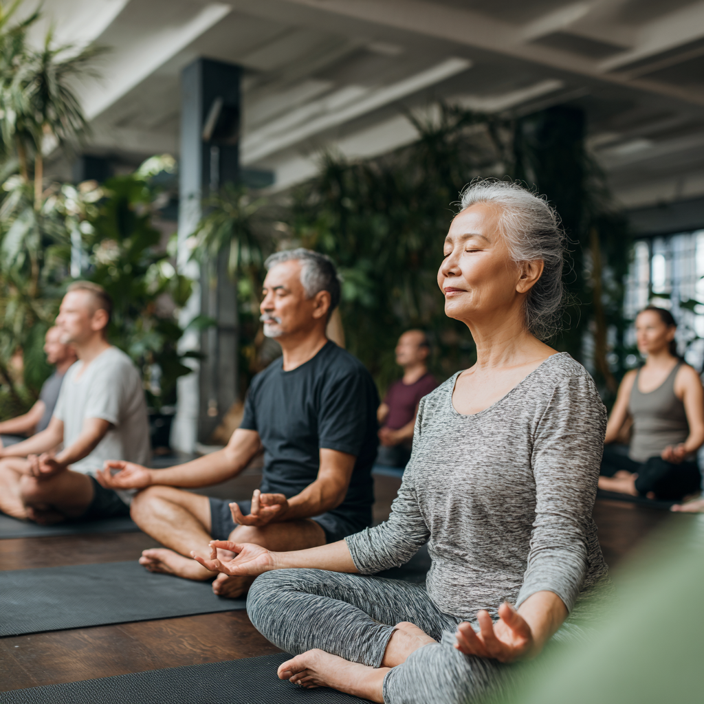 Группа людей казахской национальности в медитативных позах с закрытыми глазами и спокойными улыбками в тихой обстановке студии йоги